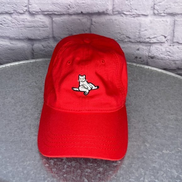 American‎ Eagle Outfitters Men's Red Embroidered Lazy Cat Adjustable Dad Hat Cap - Picture 1 of 4